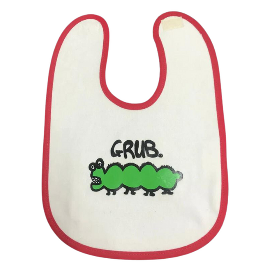 ozi varmints baby bib with white/red colour and a grub design printed in the middle