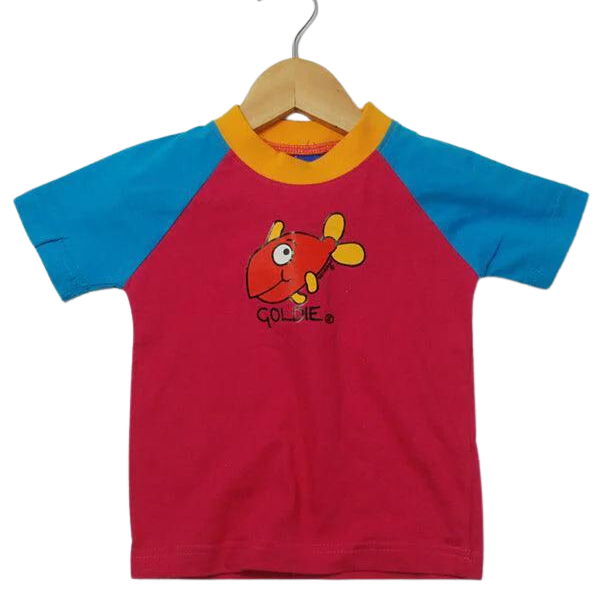 ozi varmints contrast 100% cotton t-shirt with pink/aqua/sun colour and a gold fish cartoon design printed in the middle of the shirt
