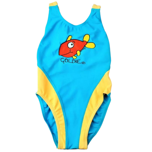 ozi varmints girls spliced racer with a gold fish design print - aqua sun