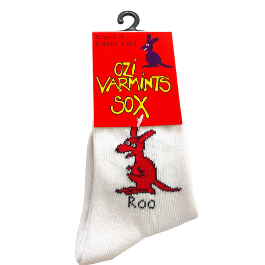 ozi varmints white socks with a kangaroo design print