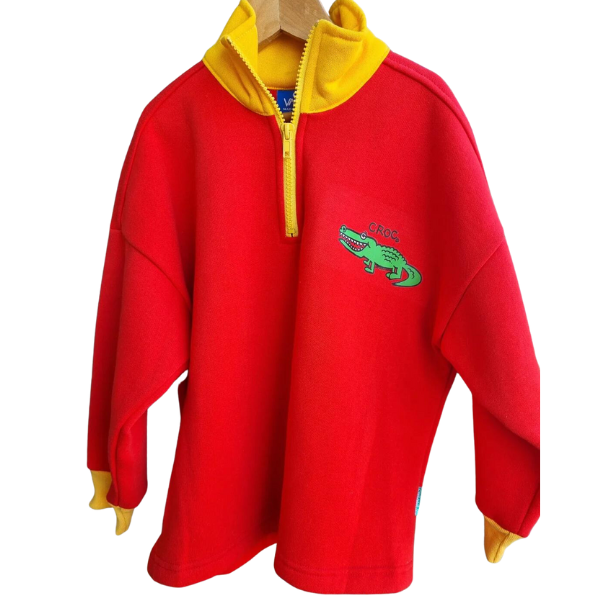 ozi varmints zip front fleece sweat shirt with red/yellow colour and a crocodile design print