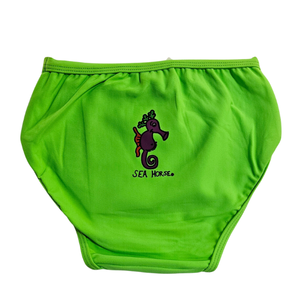 ozi varmints baby aqua nappy in lime colour with a seahorse design print