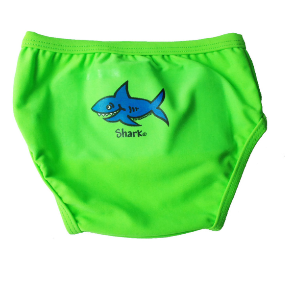 ozi varmints baby aqua nappy in lime colour with a shark design print