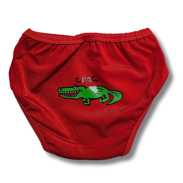 ozi varmints baby aqua nappy in colour red with a crocodile design print