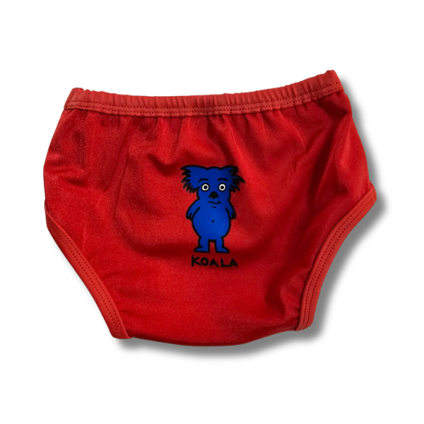 ozi varmints baby aqua nappy in colour red with a koala design print