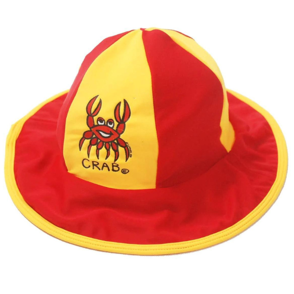 Ozi Varmints Lycra Swim Panel Hat Red/Sun with a crab design print