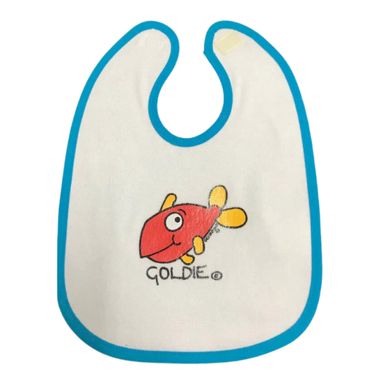 ozi varmints baby bib with white/aqua colour and a gold fish design printed in the middle