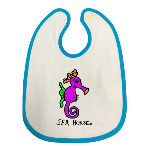 ozi varmints baby bib with white/aqua colour and a seahorse design printed in the middle