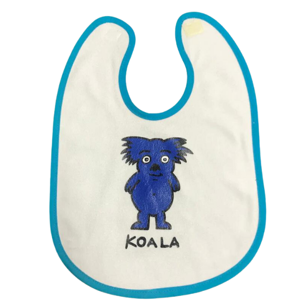 ozi varmints baby bib with white/aqua colour and a koala design print in the middle