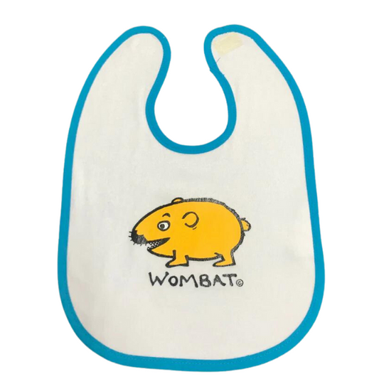 ozi varmints baby bib with white/aqua colour and a wombat design printed in the middle
