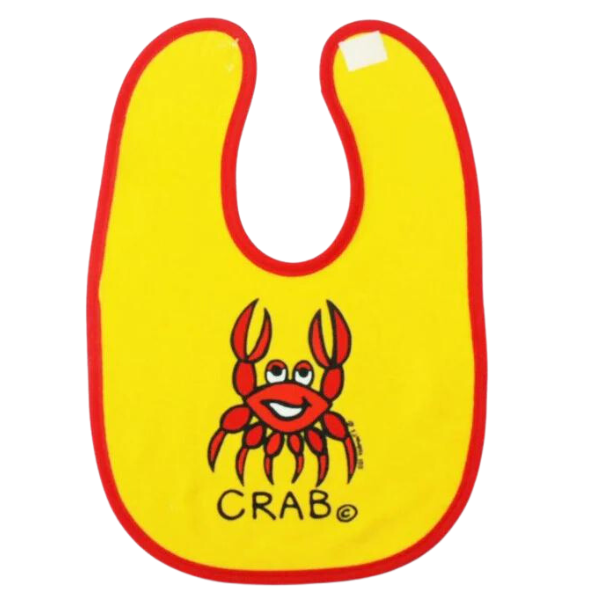 ozi varmints baby bib with yellow/red colour and a crab design printed in the middle