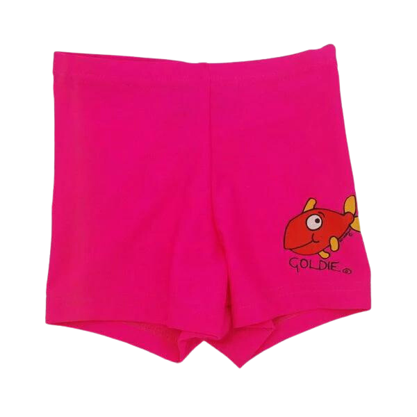 ozi varmints boy leg swim shorts with a gold fish design print - pink