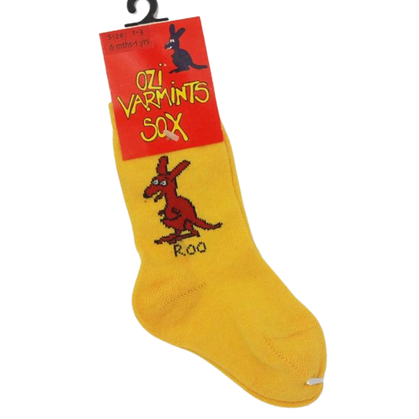ozi varmints coloured socks  - yellow with a kangaroo design print