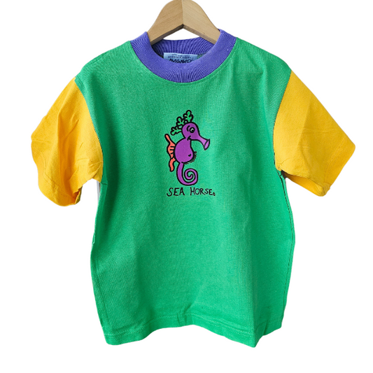 ozi varmints contrast 100% cotton t-shirt with emerald, yellow, purple colour and a seahorse design printed in the middle of the shirt