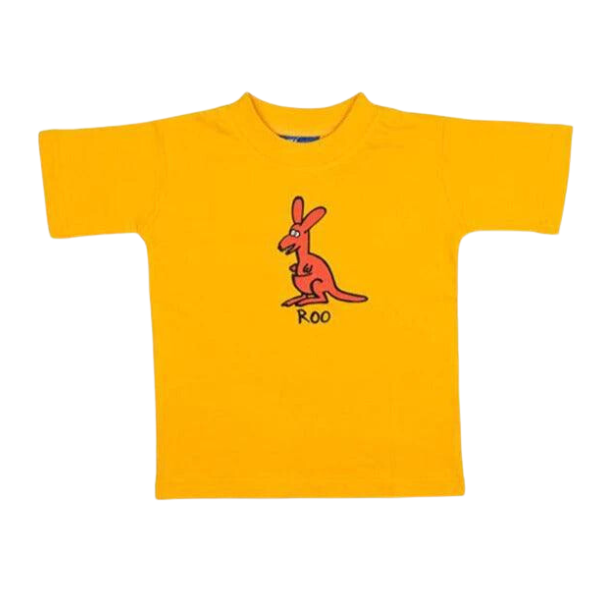 ozi varmints cotton solid t-shirt yellow colour with a kangaroo design printed in the middle of the shirt
