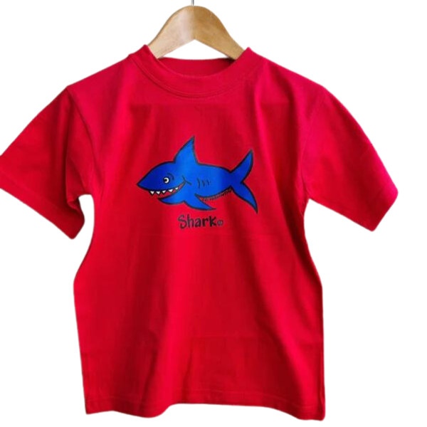ozi varmints cotton t-shirt red colour and a shark design printed in the middle of the shirt