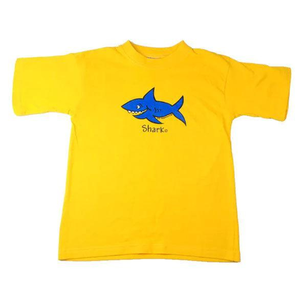 ozi varmints cotton solid t-shirt yellow colour and a shark design printed in the middle of the shirt