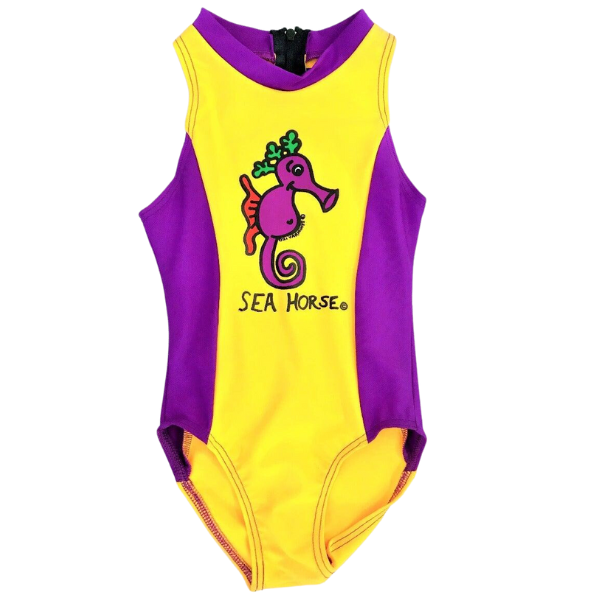 Ozi Varmints Girls Zip Back Cat Suit with a seahorse design print - Sun/Purple