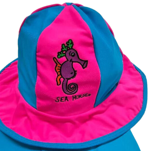 ozi varmints lycra panel hat with a seahorse design print  - pink/aqua