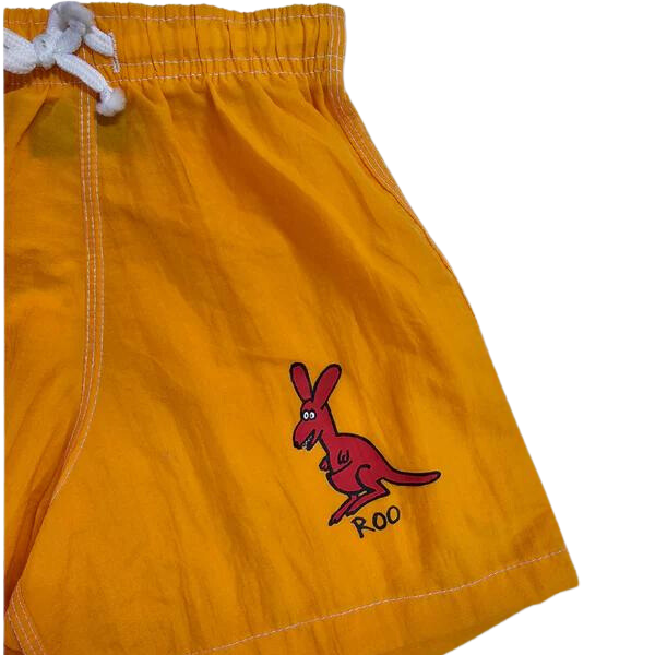 ozi varmints nylon board shorts with a kangaroo design print, a closer view