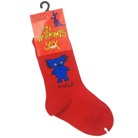 ozi varmints red socks with a koala design print