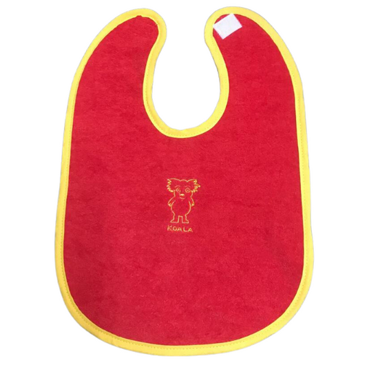 ozi varmints baby bib with red/yellow colour and a koala design embroidered in the middle