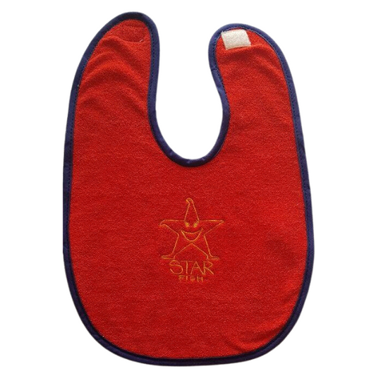 ozi varmints baby bib with red/navy colour and a starfish design embroidered in the middle