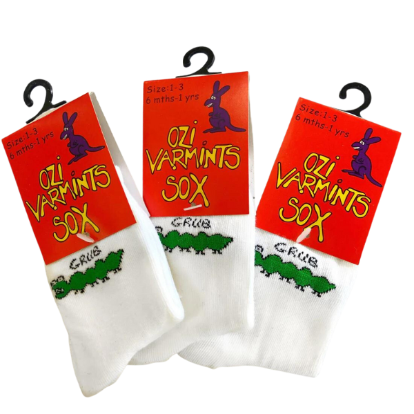 3 pairs of ozi varmints white socks with a grub design print