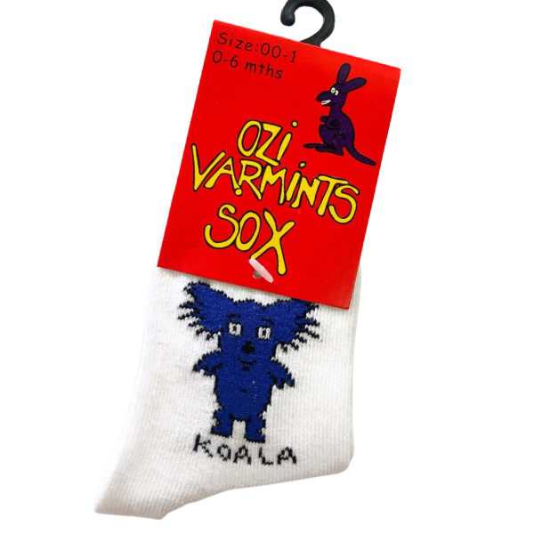 ozi varmints white socks with a koala design print