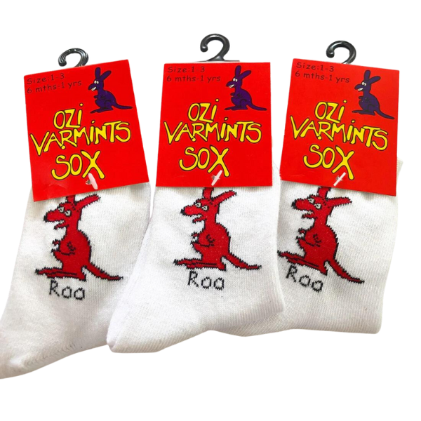 3 pairs of ozi varmints white socks with a kangaroo design print
