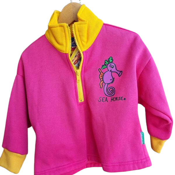 ozi varmints zip front fleece sweat shirt with yellow and pink colour and a seahorse design print
