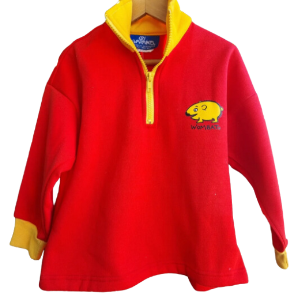 ozi varmints zip front fleece sweat shirt with red/yellow colour and a wombat design print