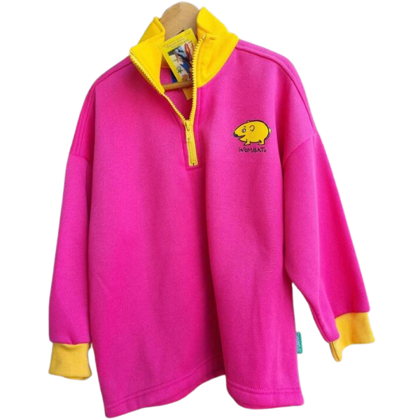 ozi varmints zip front fleece sweat shirt with yellow and pink colour and a wombat design print
