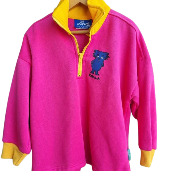 ozi varmints zip front fleece sweat shirt with yellow and pink colour and a koala design print