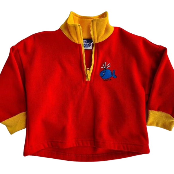 ozi varmints zip front fleece sweat shirt with red/yellow colour and a whale design print