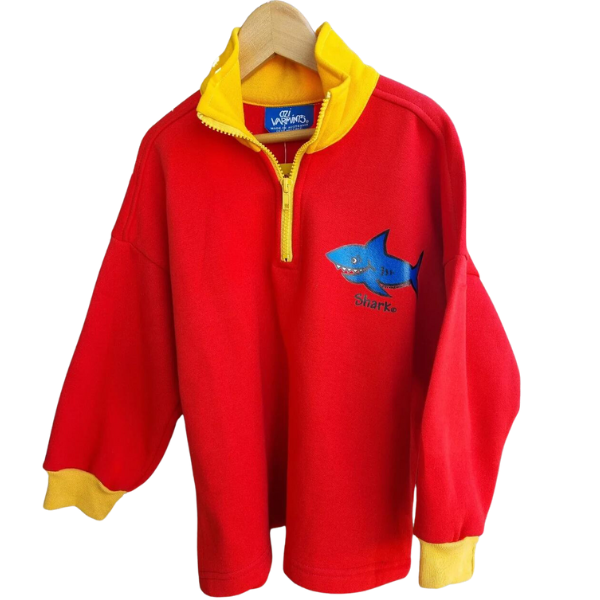 ozi varmints zip front fleece sweat shirt with red/yellow colour and a shark design print