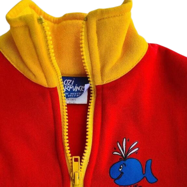 ozi varmints zip front fleece sweat shirt with red/yellow colour and a whale design print, closer open collar view