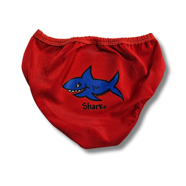 ozi varmints baby aqua nappy in colour red with a shark design print