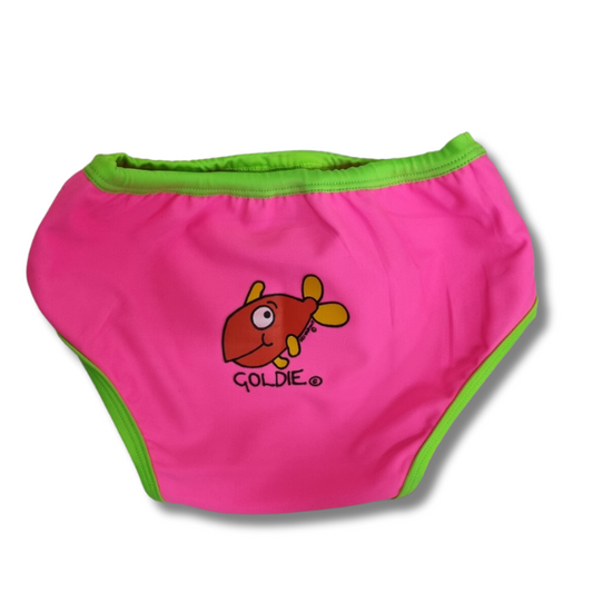 Ozi Varmints Baby Aqua Nappy with a gold fish design print - Pink/Lime