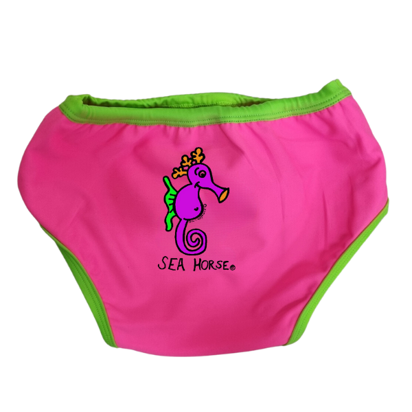 Ozi Varmints Baby Aqua Nappy with a seahorse design print - Pink/Lime